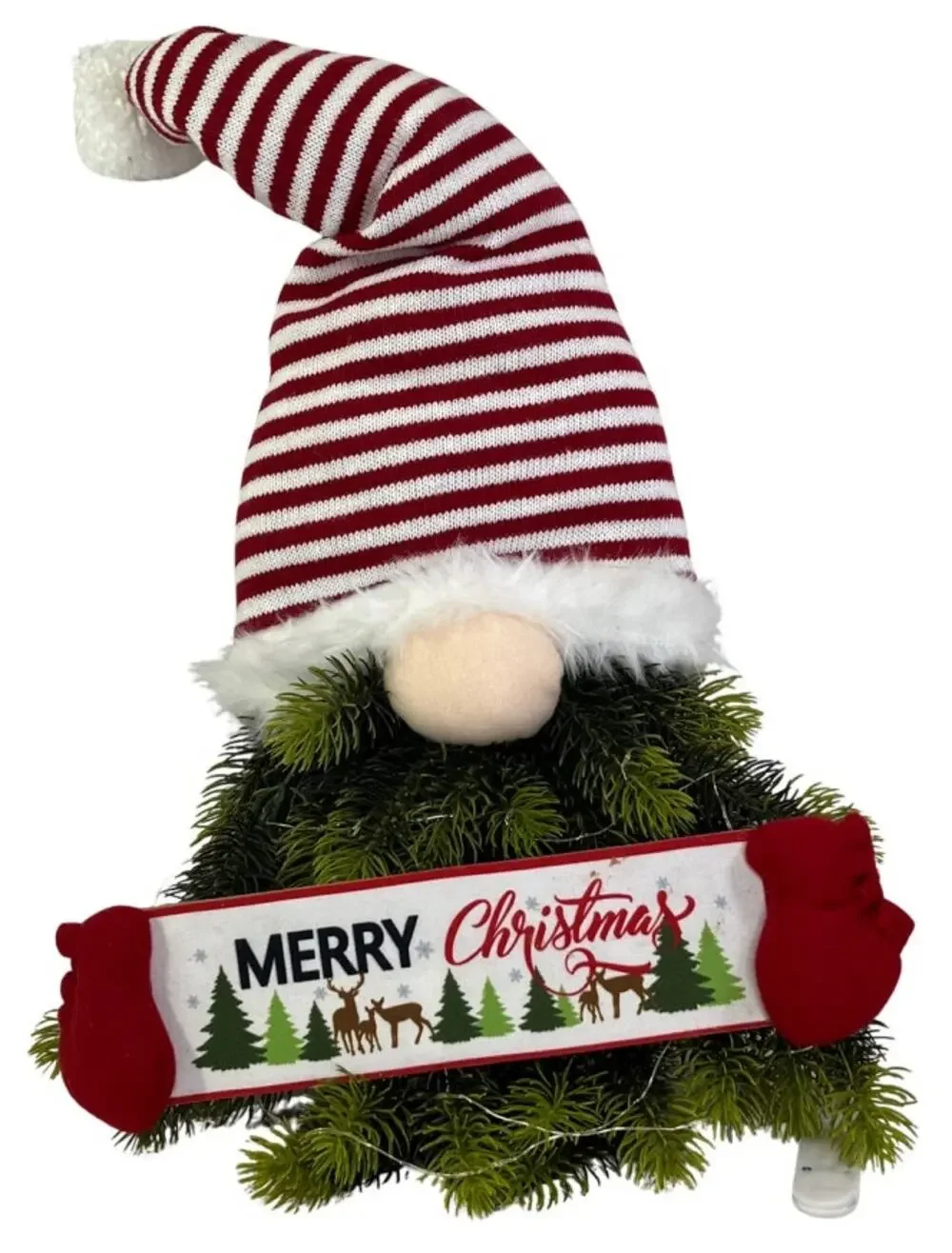 Merry Christmas Light Up Gnome Wreath Candy Cane Hat 24 In